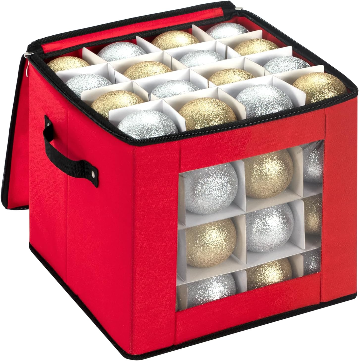DIMESHY Christmas Ornament Storage Box With Adjustable Dividers.Ornament Storage Container with Two Handles for 64Holiday Decorations.Red
