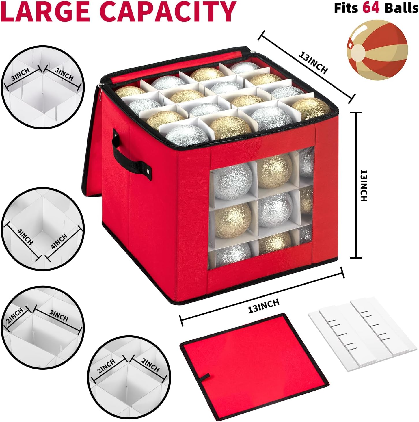 DIMESHY Christmas Ornament Storage Box With Adjustable Dividers.Ornament Storage Container with Two Handles for 64Holiday Decorations.Red - Image 4