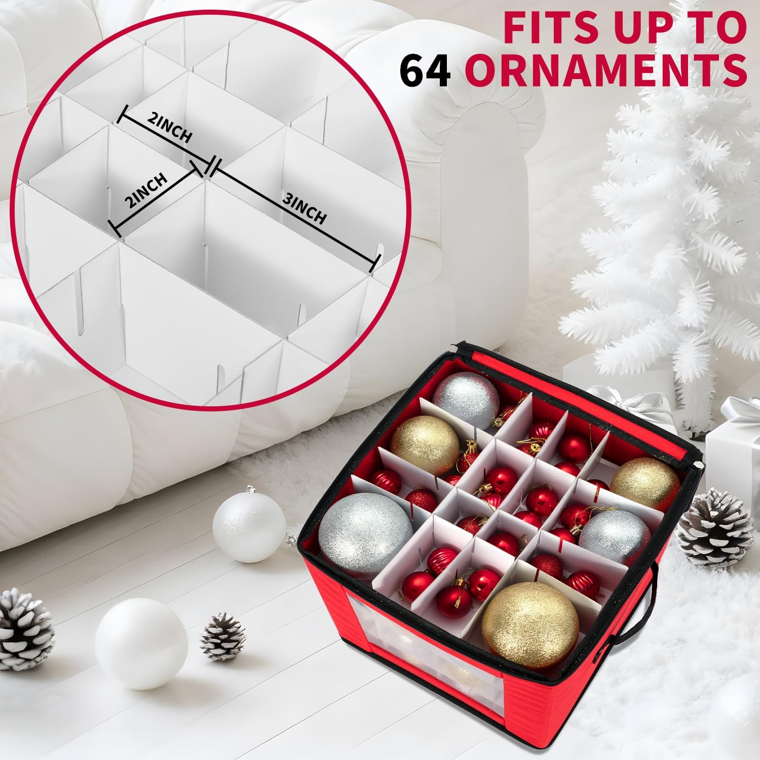DIMESHY Christmas Ornament Storage Box With Adjustable Dividers.Ornament Storage Container with Two Handles for 64Holiday Decorations.Red - Image 3