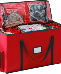 2-In-1 Christmas Decoration Ornament Organizer Box . Movable Pallet Santas Bags Ornament Storage Containers. Holds 73 Holiday Ornaments. Adjustable Space For Figurines And Pockets For Decoration