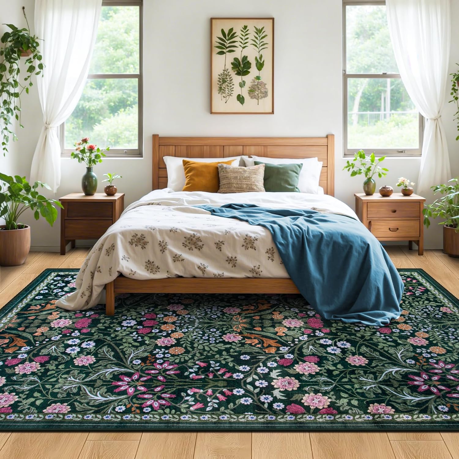 PLHXFR 8x10 Area Rug Living Room: Floral Washable Boho Carpet Dark Green | For Bedroom Dining Room Farmhouse Nursery Hallway.Vintage Floral.Machine washable.Non Slip.Stain Resistant.Large Indoor - Image 3