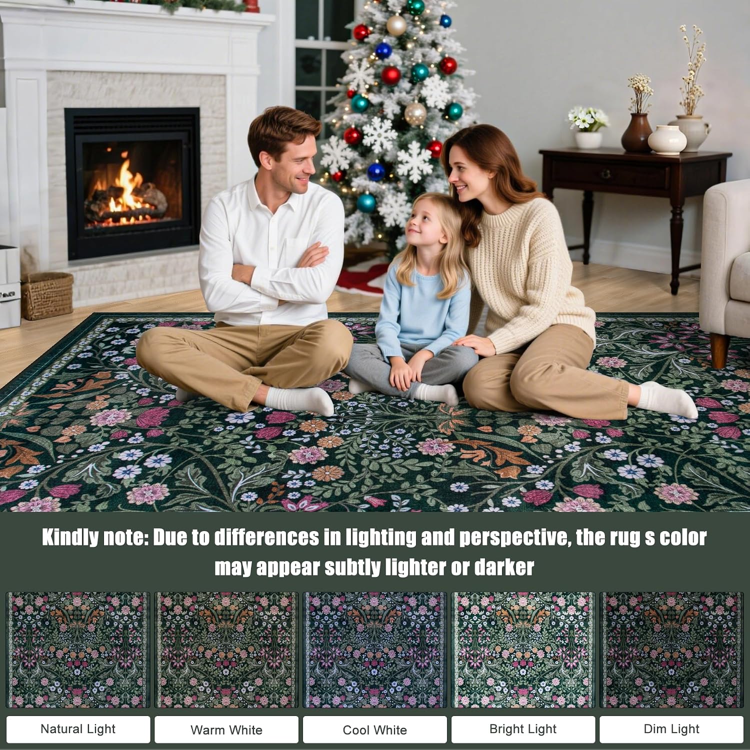 PLHXFR 8x10 Area Rug Living Room: Floral Washable Boho Carpet Dark Green | For Bedroom Dining Room Farmhouse Nursery Hallway.Vintage Floral.Machine washable.Non Slip.Stain Resistant.Large Indoor - Image 9