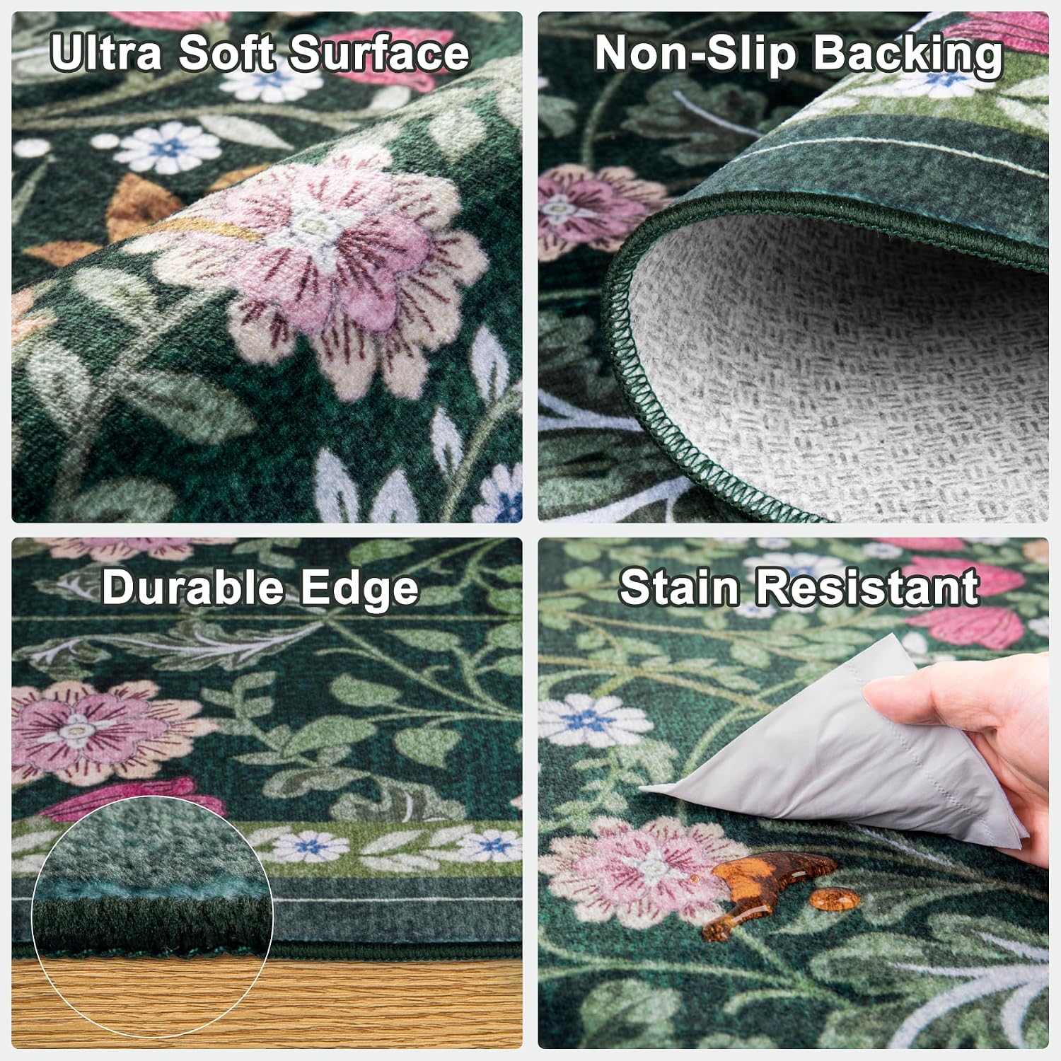 PLHXFR 8x10 Area Rug Living Room: Floral Washable Boho Carpet Dark Green | For Bedroom Dining Room Farmhouse Nursery Hallway.Vintage Floral.Machine washable.Non Slip.Stain Resistant.Large Indoor - Image 6