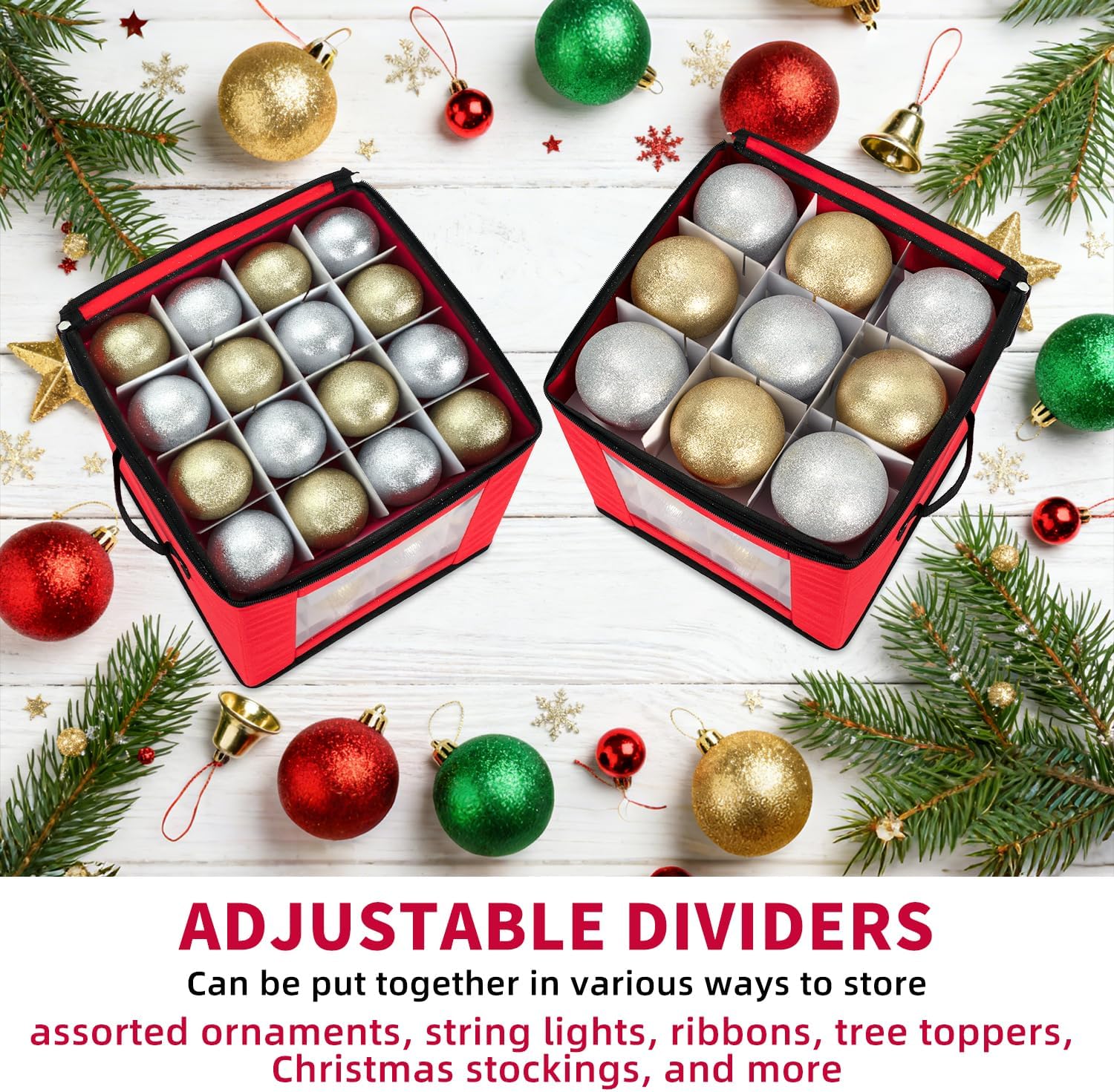 DIMESHY Christmas Ornament Storage Box With Adjustable Dividers.Ornament Storage Container with Two Handles for 64Holiday Decorations.Red - Image 5