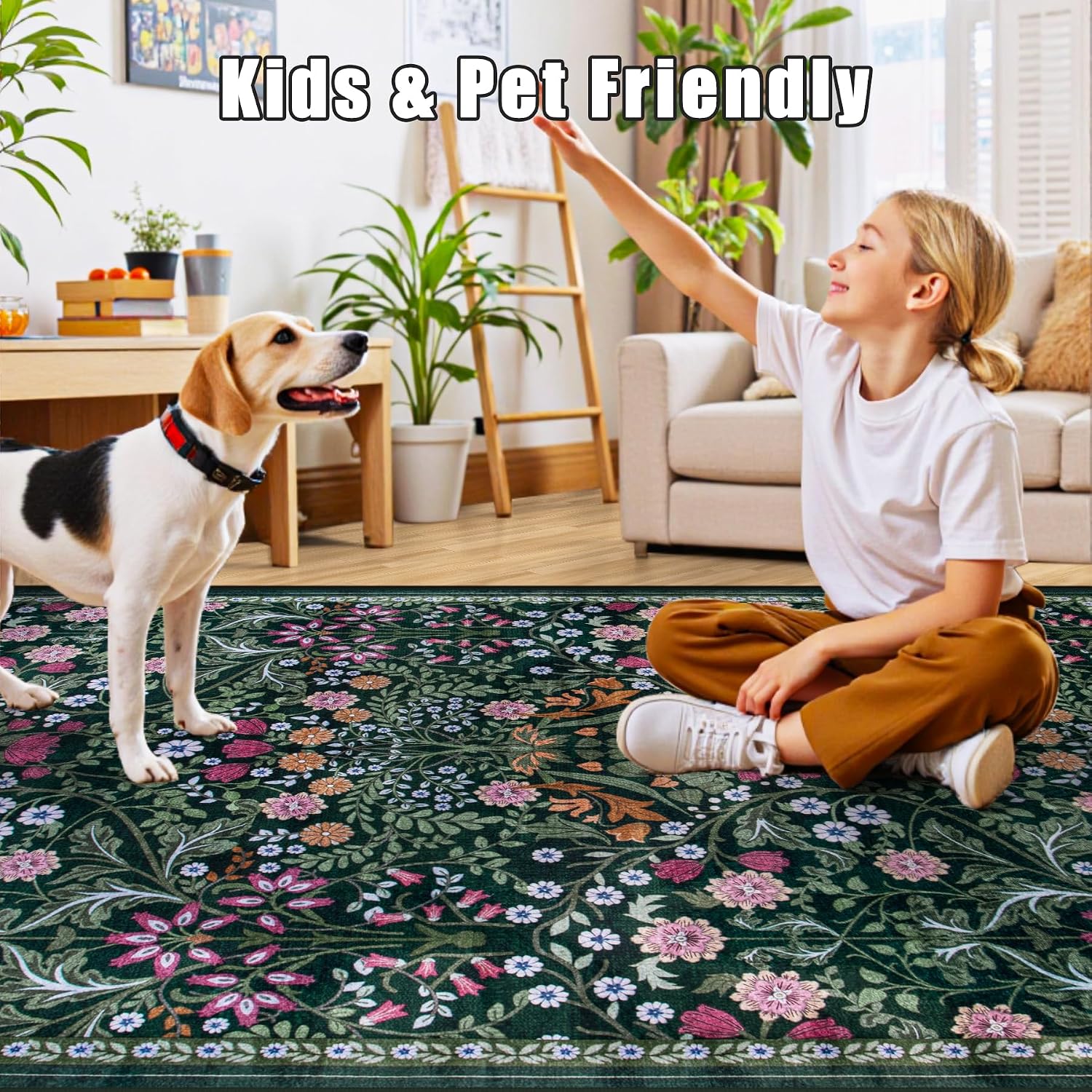 PLHXFR 8x10 Area Rug Living Room: Floral Washable Boho Carpet Dark Green | For Bedroom Dining Room Farmhouse Nursery Hallway.Vintage Floral.Machine washable.Non Slip.Stain Resistant.Large Indoor - Image 7