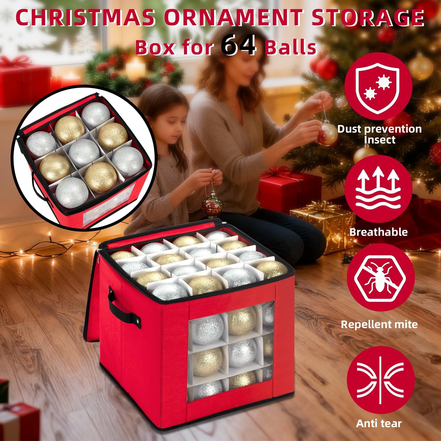 DIMESHY Christmas Ornament Storage Box With Adjustable Dividers.Ornament Storage Container with Two Handles for 64Holiday Decorations.Red - Image 2