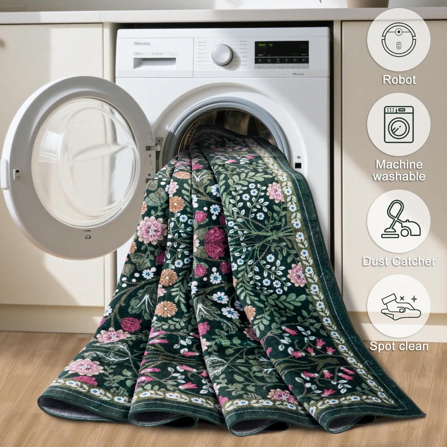 PLHXFR 8x10 Area Rug Living Room: Floral Washable Boho Carpet Dark Green | For Bedroom Dining Room Farmhouse Nursery Hallway.Vintage Floral.Machine washable.Non Slip.Stain Resistant.Large Indoor - Image 5