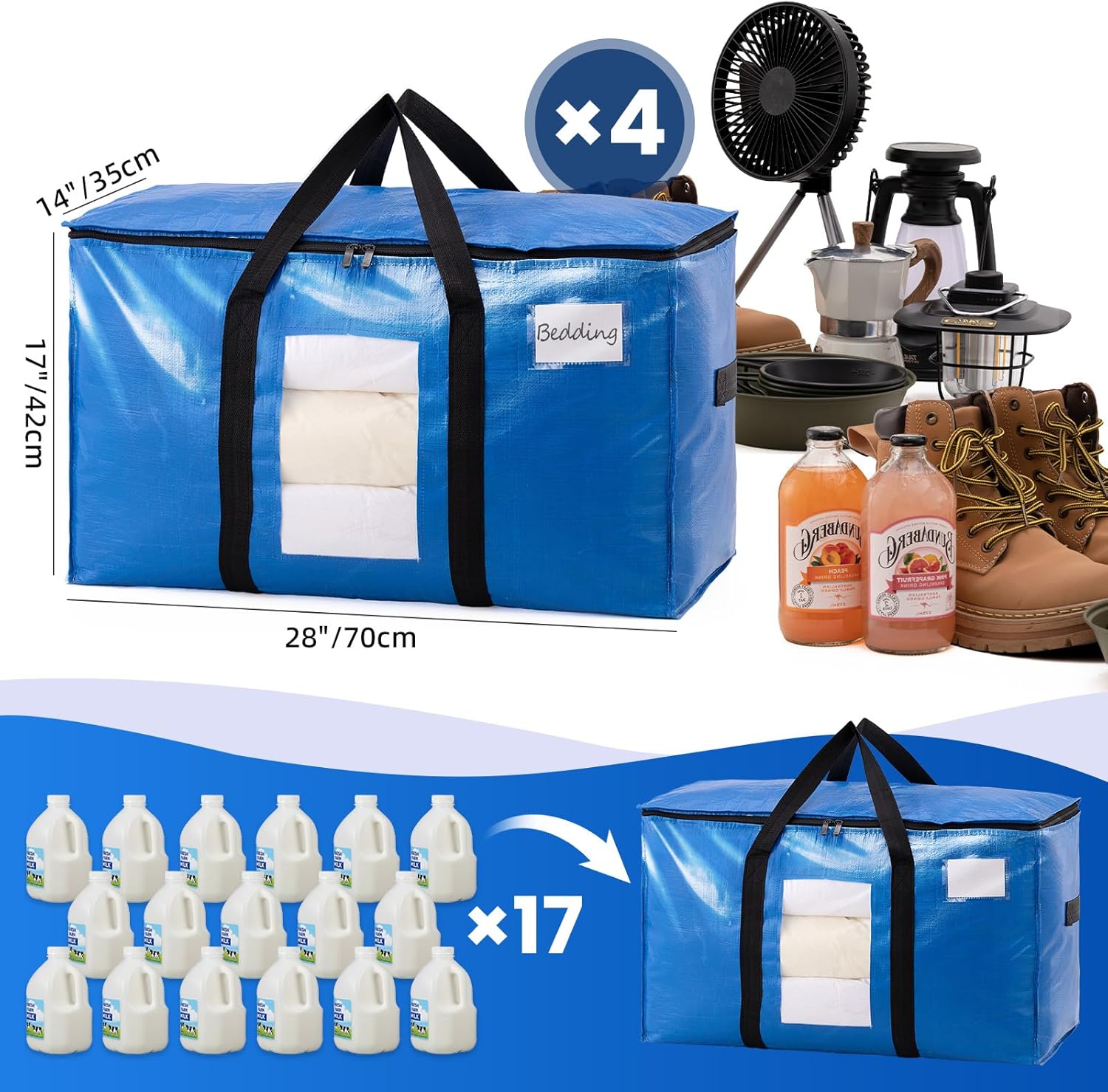 TAILI Extra Large Moving Bags. 4 Pack Blue Heavy Duty Totes For Storage with Visible Window. Wrap Around Handles. Storage Bags for Space Saving. Alternative to Moving Boxes - Image 6