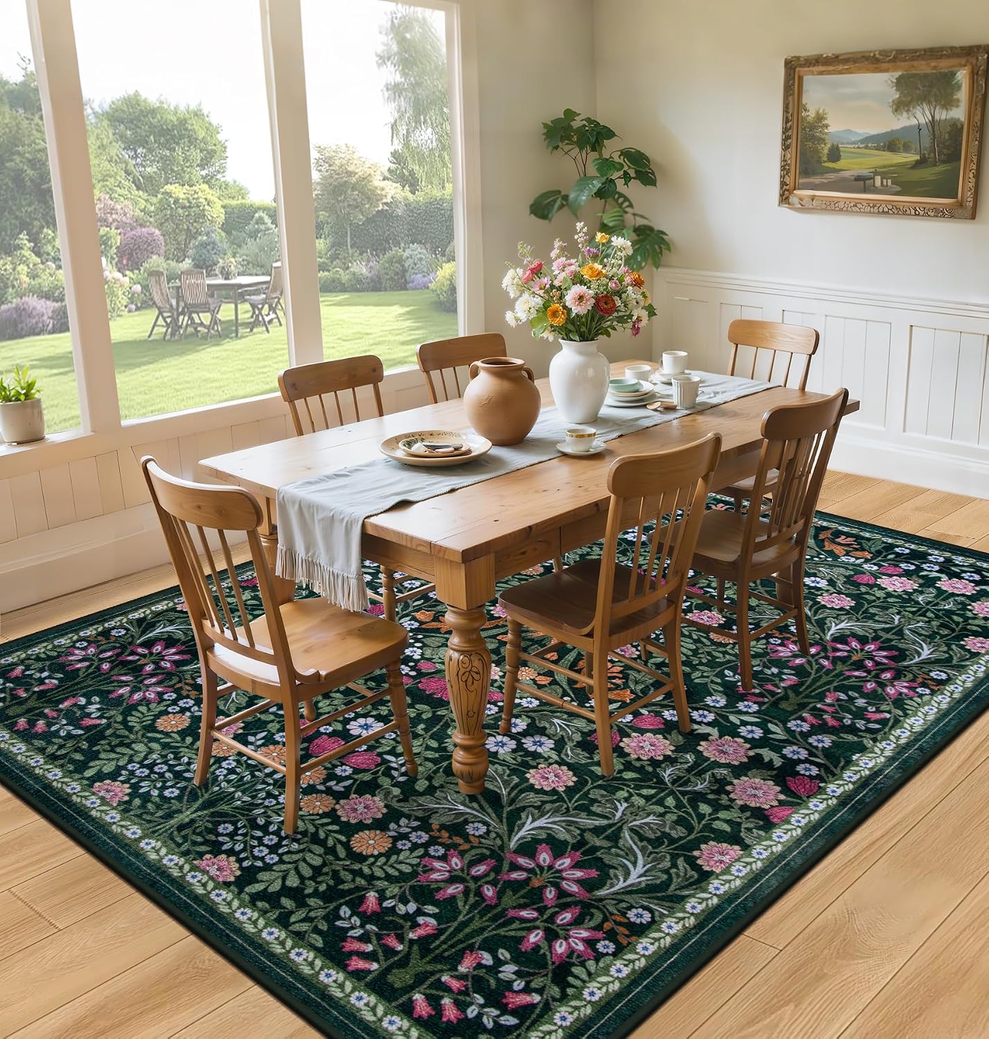 PLHXFR 8x10 Area Rug Living Room: Floral Washable Boho Carpet Dark Green | For Bedroom Dining Room Farmhouse Nursery Hallway.Vintage Floral.Machine washable.Non Slip.Stain Resistant.Large Indoor - Image 4