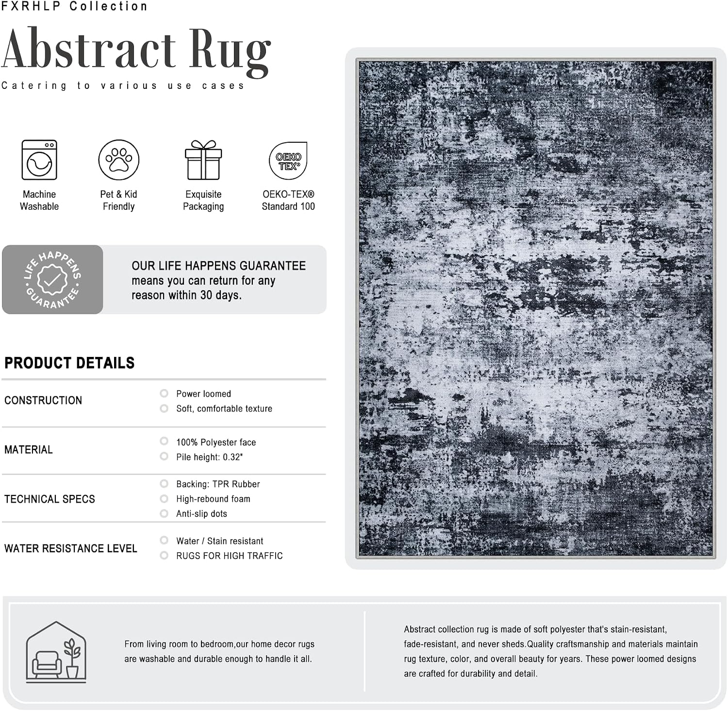 5x7 Area Rug Living Room: Modern Washable Indoor Carpet Black | For Bedroom Dining Room Farmhouse Nursery Hallway Office.Modern Abstract.Machine washable.Non-Slip.Stain Resistant.Indoor - Image 2