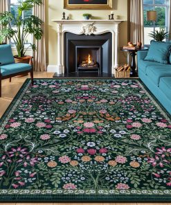 PLHXFR 8x10 Area Rug Living Room: Floral Washable Boho Carpet Dark Green | For Bedroom Dining Room Farmhouse Nursery Hallway.Vintage Floral.Machine washable.Non Slip.Stain Resistant.Large Indoor