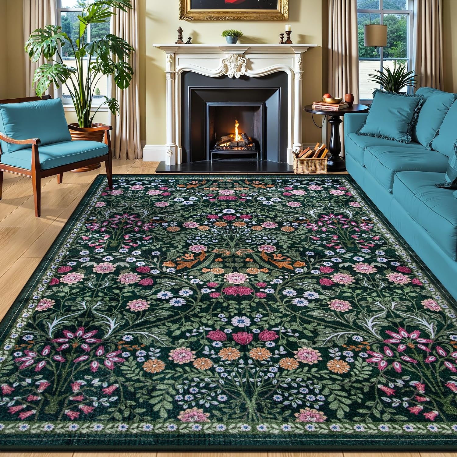 PLHXFR 8x10 Area Rug Living Room: Floral Washable Boho Carpet Dark Green | For Bedroom Dining Room Farmhouse Nursery Hallway.Vintage Floral.Machine washable.Non Slip.Stain Resistant.Large Indoor