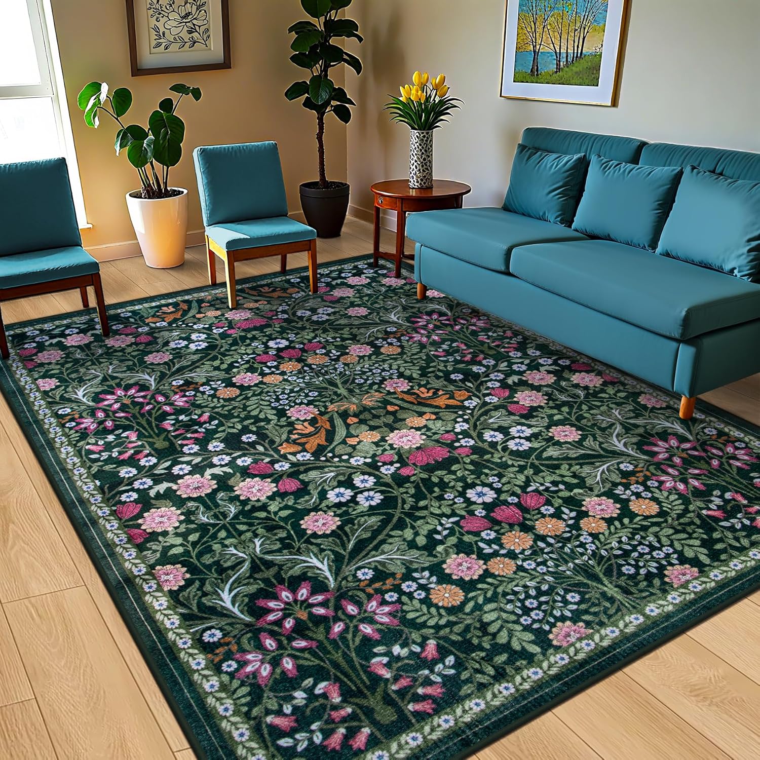 PLHXFR 8x10 Area Rug Living Room: Floral Washable Boho Carpet Dark Green | For Bedroom Dining Room Farmhouse Nursery Hallway.Vintage Floral.Machine washable.Non Slip.Stain Resistant.Large Indoor - Image 2