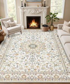5x7 Area Rugs Living Room: Washable Vintage Rug for Bedroom Beige | Boho No Slip Stain Resistant Rug Soft Indoor decor Floor Floral 5x7 Area Rugs for Dining Room. Nursery. Hallway. Home Office